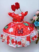 Vestido Infantil Super Luxo Festa Vermelho Jardim das Borboletas Pérolas