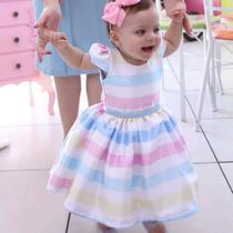 Vestido Infantil Tema Arco Iris Candy Color Listrado Colorido Jardim