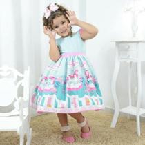 Vestido infantil tema carrossel com unicórnio, sorvetes