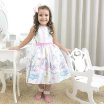 Vestido infantil tema unicórnio little com nuvens e arco-íris