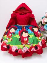 Vestido infantil temático chapeuzinho vermelho floral com capuz