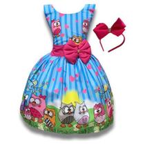 Vestido Infantil Temático Corujinha Azul Festa Luxo + Tiara