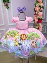 Vestido Infantil Tematico Da Gigi Safari Rosa Luxo Animais