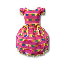 Vestido Infantil Temático Festa Junina Bandeirinhas Pink