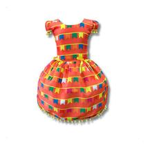 Vestido Infantil Temático Festa Junina Vermelho C/ Bandeiras