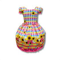Vestido Infantil Temático Junina Xadrez C/ Girassol Caipira