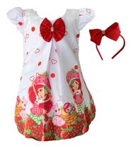 Vestido Infantil Temático Moranguinho Trapézio + Tiara