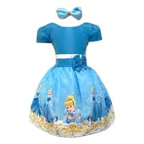 Vestido Infantil Temático Princesa Cinderela Azul Festa
