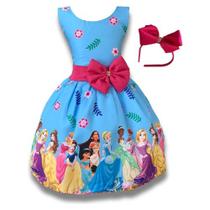 Vestido Infantil Temático Princesas Azul Luxo Festa + Tiara