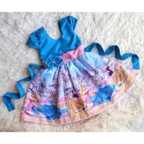 Vestido Infantil Temático Simples Princesas Disney Azul