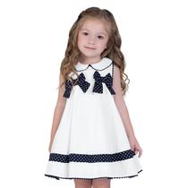 Vestido Infantil Trapézio Branco em Tricoline com Laço Azul Marinho Milon