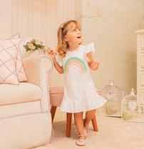 Vestido Infantil Tricoline Branco Bordado arco íris crochê