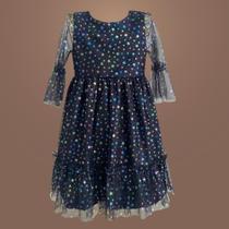 Vestido Infantil Tule Holográfico Estrelinha Elegância com Estrelas para Festas
