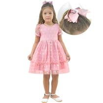 Vestido Infantil Tule Poá Luxuoso + Laço Cabelo - Várias Cores