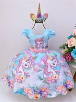 Vestido infantil unicórnio arco iris cinto de pérolas luxo