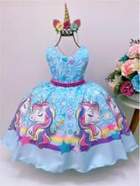 Vestido infantil unicórnio azul arco iris cinto luxo festa