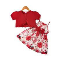 Vestido Infantil Verão - 2 Peças com Saia, Mangas Bolha e Xale (1-6 anos)