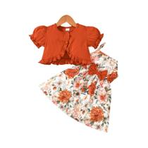 Vestido Infantil Verão - 2 Peças com Saia, Mangas Bolha e Xale (1-6 anos)