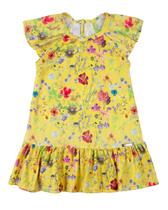 Vestido Infantil Verão Manga Cavada Microfibra Estampa Digital Rosas - Amarelo
