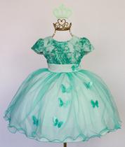 Vestido Infantil Verde Borboleta Daminha Luxo E Coroa