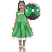 Vestido Infantil Verde Casual Menina Elegante + Laço