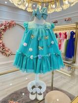 Vestido Infantil Verde Jardim Encantado Luxo com Laço e Tiara