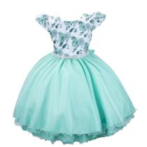 Vestido infantil verde tifany com busto floral para festas e casamentos