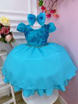 Vestido Infantil Verde Tiffany C/ Renda Laço e Cinto Pérolas Luxo Festa 1053VG - Utchuk Kids