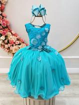 Vestido Infantil Verde Tiffany com Renda Aplique de Flores luxo festa Vestido Infantil Verde Tiffany com Renda Aplique de Flores luxo festa