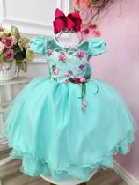 Vestido Infantil Verde Tiffany Florido C/ Broche Flor Festas Luxo 2842VT