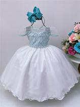 Vestido infantil verde tiffany saia nervura peito e pérolas