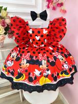 Vestido Infantil Vermelha Minnie Bolinhas Pretas Laço Luxo Luxo Festa