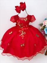 Vestido infantil vermelho aplique flores borboletas douradas