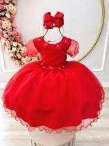 Vestido Infantil Vermelho Busto Nervura Apliques Flores