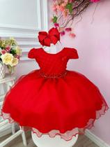 Vestido Infantil Vermelho Busto Nervura Flores Strass