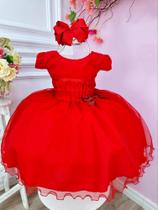 Vestido Infantil Vermelho Busto Plissado Lacinho Festa Natal Luxo Festa 1231VM