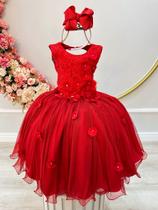 Vestido Infantil Vermelho C Renda e Aplique de Flores Damas luxo festa RO4119VL