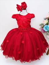 Vestido infantil vermelho c/ renda e pérolas luxo damas