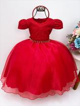 Vestido Infantil Vermelho C/ Renda Luxo Cinto Pérolas Tiara