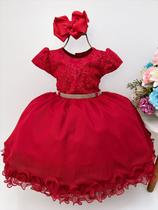 Vestido infantil vermelho c/ renda paetê cinto de strass