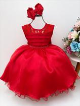 Vestido infantil vermelho com renda cinto pérolas princesas