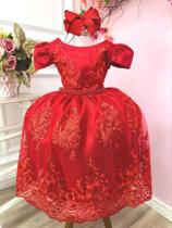 Vestido Infantil Vermelho Com Renda Realeza Cinto de Pérolas super luxo festa 2186VM - utchuk kids