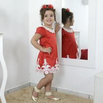 Vestido infantil vermelho com tule e perolas tubinho trapézio