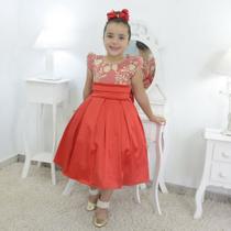 Vestido infantil vermelho com tule francês e bordado floral