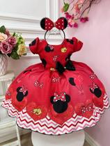 Vestido Infantil Vermelho Festa da Minnie com Broche Luxo Festa RO1200VM