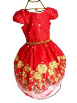 Vestido Infantil Vermelho Flores Pérola Dourada Tam 4