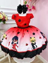 Vestido Infantil Vermelho Ladybug e o Gato Noir Luxo Super luxo festa 1114VM