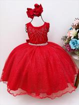 Vestido infantil vermelho peito cinto c/ strass glitter