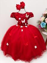 Vestido Infantil Vermelho Renda Aplique Flores Borboletas luxo RO3562VS