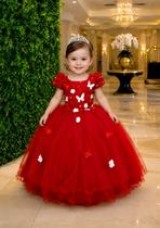 Vestido Infantil Vermelho Renda Aplique Flores Borboletas Vestido Infantil Vermelho Renda Aplique Flores Borboletas
